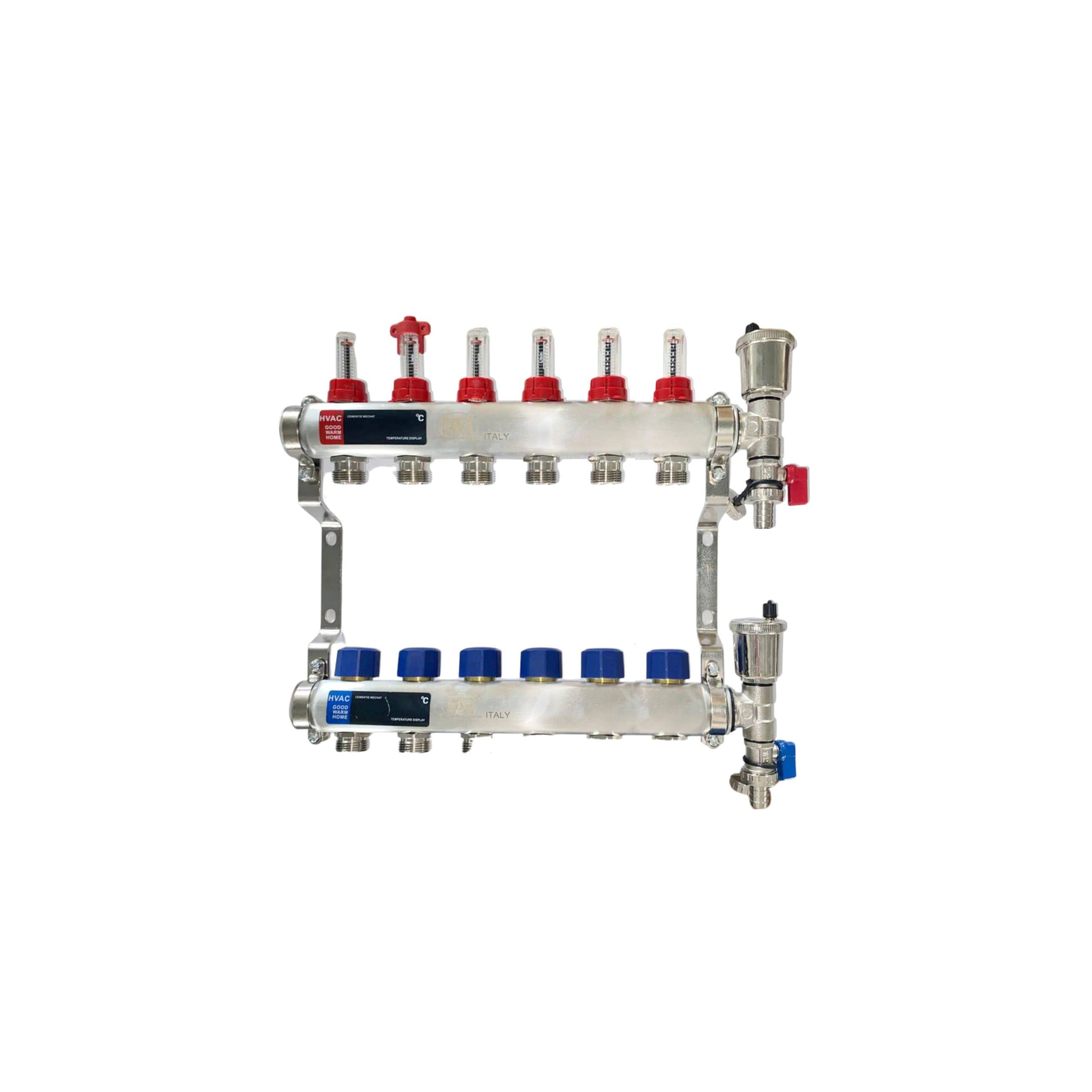 FAF Коллектор с расходомерами 1"х3/4" на  6 вых. нерж. + конечный комплект (без евроконусов)